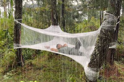 Man Makes A Tent Out Of A Transparent Foil In The Middle Of The Woods