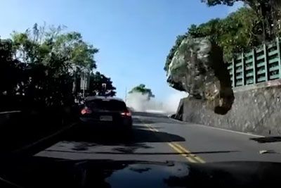 Shocking Moment Boulder Strikes Car During Taiwan Earthquake