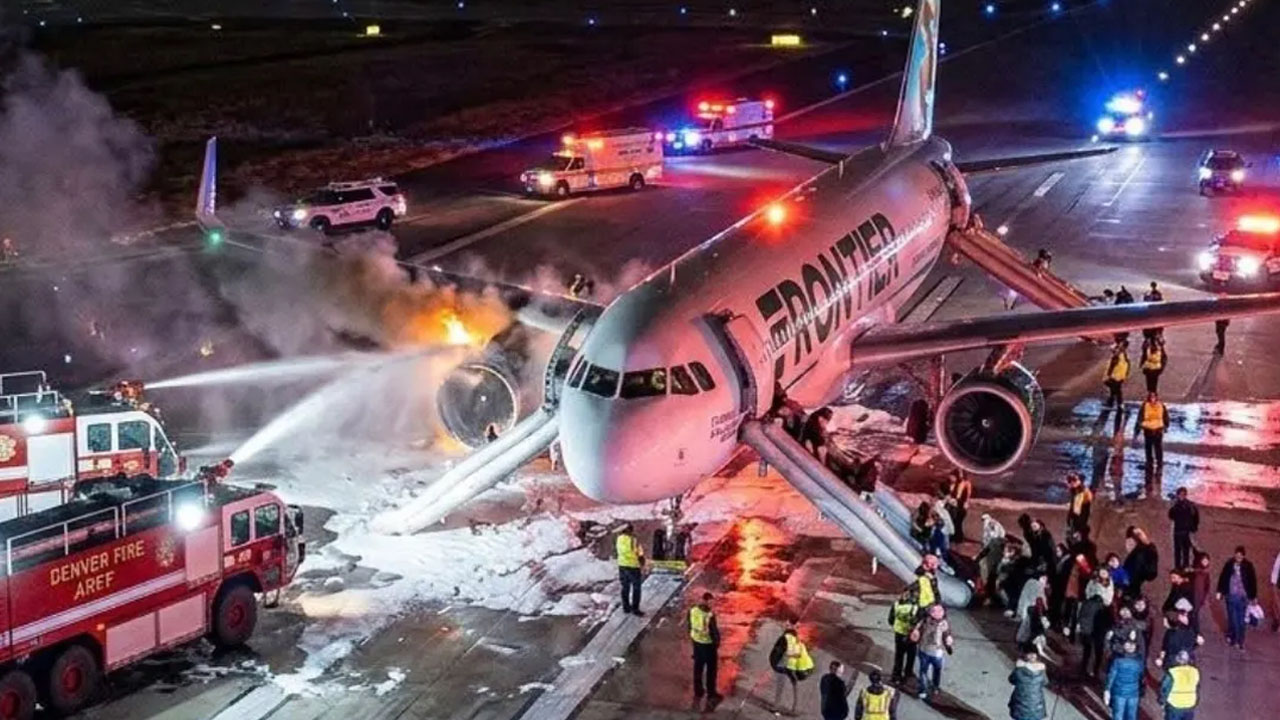 Frontier Airlines Airbus A321 on the airport runway after aborting takeoff following a collision with a pedestrian