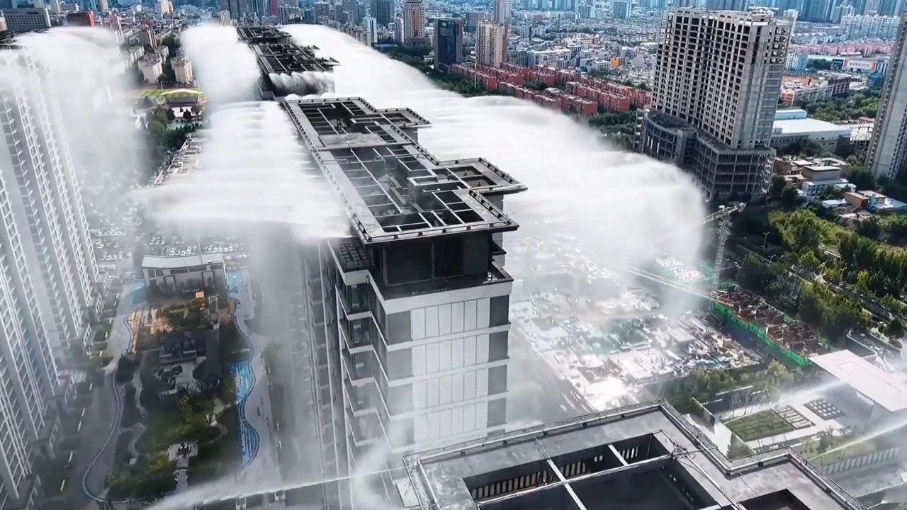 High-pressure rooftop water mist cooling system on residential buildings in China