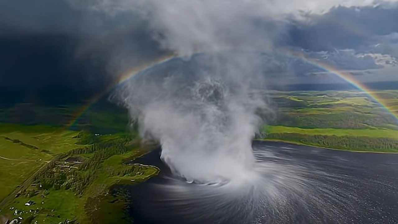 Drone flies into a tornado over a lake in Canada, capturing a spectacular natural phenomenon
